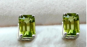 Natural Peridot Earrings /6x4 mm Faceted Octagon / Post/ Nut 925 SS - Picture 1 of 2