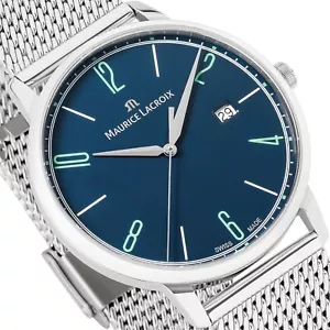 Maurice Lacroix Eliros Date BLUE reloj para hombres correa milanesa EL1118-SS002-420-2 NUEVO - Imagen 1 de 12