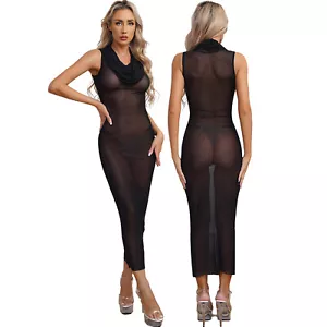 Women’s Sexy See Through Bodycon Dress Sleeveless Mesh Sheer Maxidress Clubwear - Picture 1 of 14