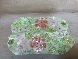 Vintage Piece Of Handmade Beaded Sequin Fabric Green & Pink Floral Pattern - Picture 1 of 6