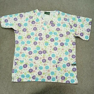 Ua Scrubs Top Women Large Floral Pattern Purple  Blue Short Sleeve Pockets - Picture 1 of 4