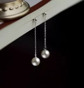 Silver White Pearl Dangle Drop Long Chain Stud Earrings - Picture 1 of 2