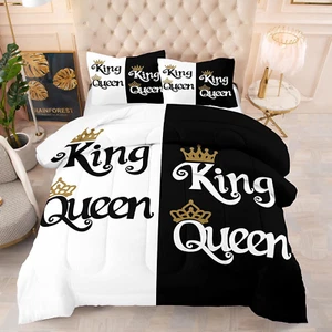 Peopleareok King and Queen Crown Comforter Set Black White Couple Bedding - Picture 1 of 12