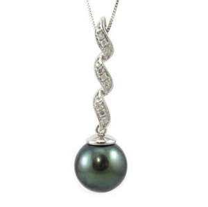 Colgante de perla negra tahitiana oro blanco de 14 K 10-11 mm con diamante genuino de 0,06 quilates - Imagen 1 de 2
