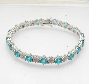 7.25" Blue Topaz Clear Zircon CZ Tennis Bracelet Real Solid Sterling Silver - Picture 1 of 4