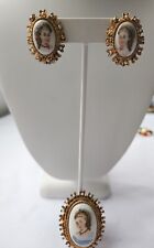 Vintage Victorian Gold Tone Oval Portrait Brooch And Earring Set