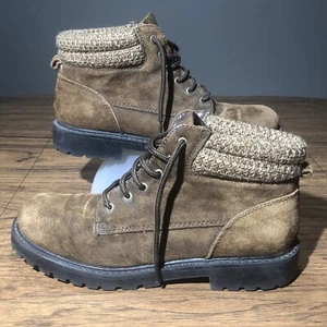 Predictions Brown Boots Womens 9.5 Leather Ankle High Fabric Trim Hiking Casual - Picture 1 of 14