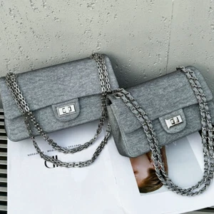 Denim Small Flap Purse Shoulder Bag Handbag Fashion Trendy Clutch w/ Chain Strap - Picture 1 of 19
