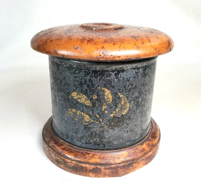 Antique Lingum Vitae String Box Turned Cylinder & Hand Painted Tin Sheet Wrap - Image 1 of 4