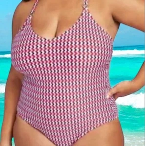 Kona Sol Women's Gold Ring Accent One Piece Swimsuit Red White Blue Plus Size 22 - Picture 1 of 6