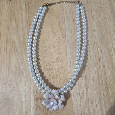 Costume Jewelry Neclace Double Strand Of Faux Pearls With Large Floral Pendant - Image 1 of 4