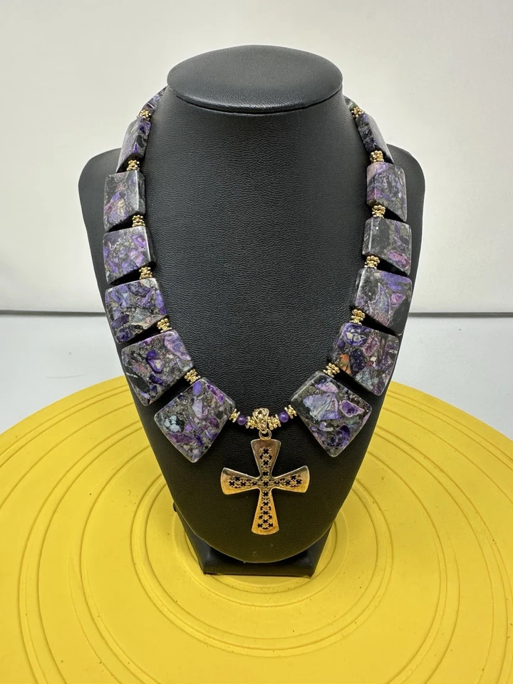Sterling Silver Cross Purple Copper Turquoise Cabochon Choker Necklace 115g 18in - Image 1 of 1