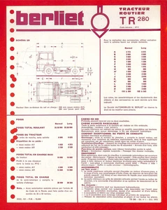 BERLIET / TRACTEUR  ROUTIER TR 280 / FICHE TECHNIQUE de 1972 - Picture 1 of 2