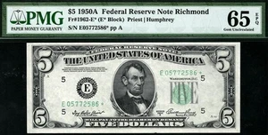1950A* $5 Richmond STAR Federal Reserve Note FRN • Fr.1962-E* • PMG 65 EPQ - Picture 1 of 2