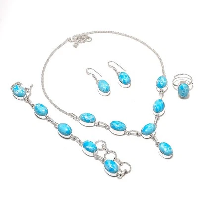 Juego de joyas de piedras preciosas con forma ovalada Larimar cadena ajustable hecho a mano conjunto de collar Foto 1 de 4