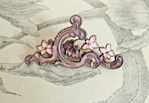 Jolie broche émaillée à décor Art nouveau - tons rose & violet fleurs  - Imagen 1 de 2