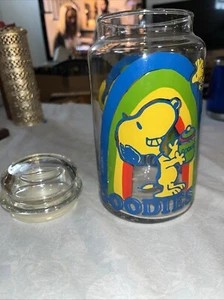 Vintage Peanuts Snoopy Woodstock Rainbow Goodies Glass Candy Jar w/ Lid 1965 - Picture 1 of 8