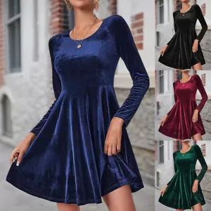 Womens Elegant Solid Velvet Long Sleeve A-Line Ruffled Mini Dress Party Gowns - Picture 1 of 22