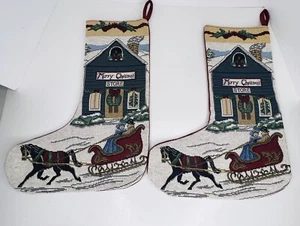 2 Christmas Stockings Tapestry Country Sleigh Horse Store Burgundy 15 1/2"Long - Picture 1 of 4