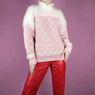VINTAGE Womens Wool Soft Pastel 90s 80s Fur Pink Jumper white Polo Medium 12 14 - Image 1 of 4
