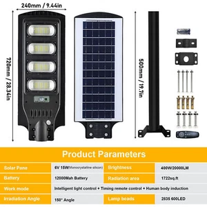 400W Solar Street Light Outdoor 30000LM LED Wide Angle Lamp w/ Motion Sensor - Picture 1 of 12