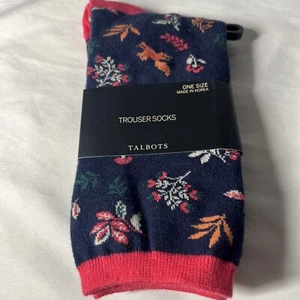 Talbots Navy Blue Neon Pink Floral Design Brown Fox Soft Stretch Trouser Socks - Picture 1 of 6