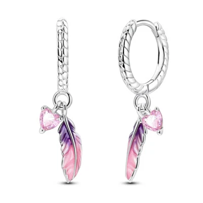 Pendientes de aro de plumas rosa MULA Love AAA CZ para mujer joyería enchapada en plata 925 Foto 1 de 4