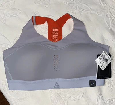 Sutiã esportivo feminino Reebok Puremove treino PEQUENO CINZA/LARANJA varejo $60 NOVO - Imagem 1 de 4