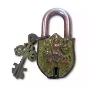 Durga Maa Door Lock Antique Vintage Style Brass Handcrafted Hindu Deity Padlock - Picture 1 of 6