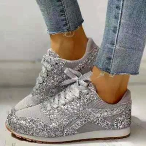 Women Flat Glitter Sneakers Casual Bling Vulcanized Shoes Female Mesh Lace Up... - Picture 1 of 30