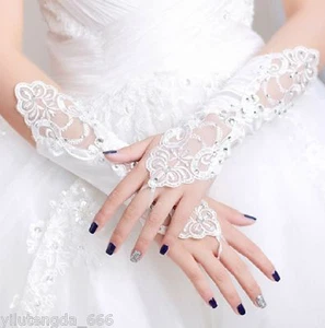 WHITE / IVORY LACE WEDDING BRIDES SATIN RHINESTONE CRYSTAL LONG GLOVES - Picture 1 of 2