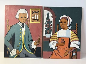 PRIMITIVE AMERICANA VOLKSKUNST KOLONIAL MANN/FRAU BEMALTE TAFEL 14" X 10" SET - Bild 1 von 8