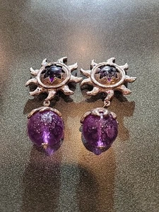 PENDIENTES COLGANTES GRUESOS DE CRISTAL MORADO TONO PLATA VINTAGE - Imagen 1 de 10