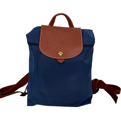 LONGCHAMP Le Pliage Backpack Navy Brown Snap Button Top Handle Adjustable FRANCE - Image 1 of 4