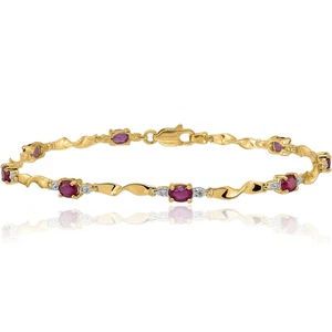 14K Solid Yellow Gold Diamond Oval Ruby Tennis Bracelet - Picture 1 of 12