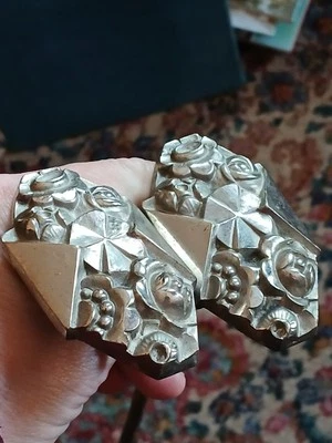 Chrome silver art deco French antique curtain tie backs pair - Image 1 of 4