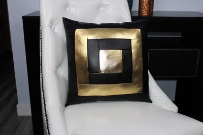 Gold Black block Accent Decorative leather pillow throw case cover cushion couch - Image 1 of 2