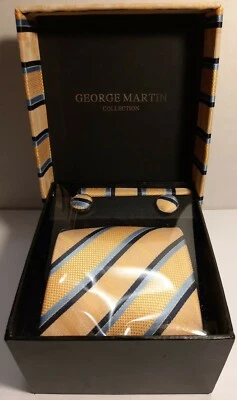 George Martin Yellow & Blue Tie, Pocket Square & Cuff links Set In Matching Box - Image 1 of 4
