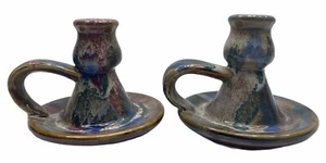 Candle Stick Holders Glazed Ceramic Muti-Colored With Handles & Wax Collect Base - Picture 1 of 12