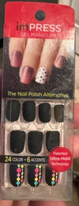 Impress Gel Manicure Press on Nails Short matte black colorful dots - Picture 1 of 1