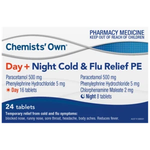 Chemists' Own Day + Night Cold & Flu Relief PE 24 Tablets Reduce Fever - Picture 1 of 1