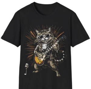 Rock Cat Playing Guitar - Funny Guitar Cat T-Shirt - Picture 1 of 14