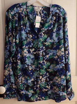 Van Heusen  Blue Floral Gauze  Tunic Top Button Up  Long Sleeve Size L  NWT — 第 1/4 张图片