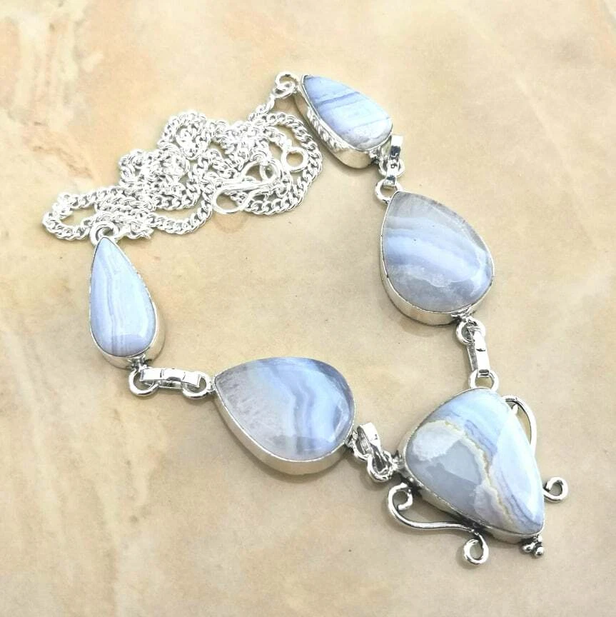 Handmade Botswana Agata Gemma 925 Argento Sterling Collana 19 " #N01708 - Immagine 1 di 1