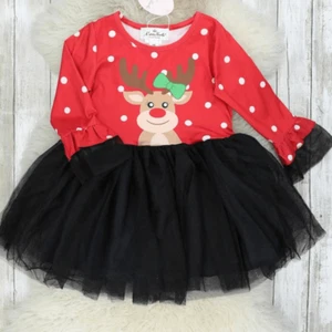 NWT Girls Christmas Holiday Dress with Reindeer Detail and Ruffles - Picture 1 of 10