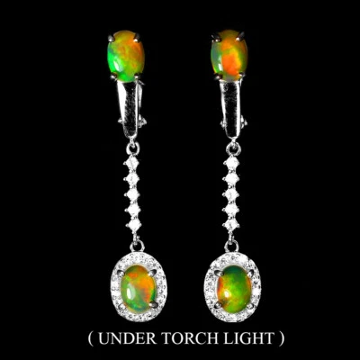 925 Sterling Silver Earrings Oval Fire Opal 7x5mm Natural Gemstone Jewelry - Image 1 of 4
