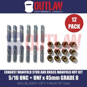 Exhaust Manifold Studs & Brass Manifold Nuts 5/16 UNC + UNF x 45mm Long 12 PACK - Picture 1 of 4