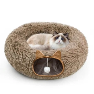 Cat Tunnel Bed for Indoor Cats, Soft Plush Donut Peekaboo Cat Cave, Multifunc... - Picture 1 of 8