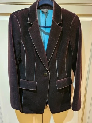 Chaqueta para mujer Worth New York marrón oscuro con ribete azul; cuello con muescas; talla 6 Foto 1 de 4