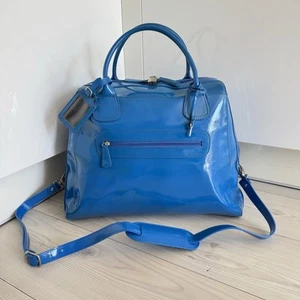 Marks and spencer Holdall Duffel luggage Bag Patent Blue Faux Leather Lock Key - Picture 1 of 22